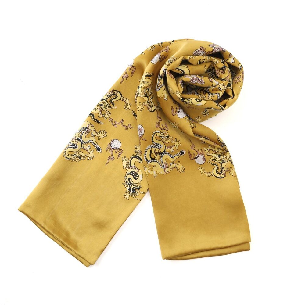 6205 Long Charmeuse Silk Scarf Gold Dragon
